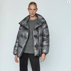Massimo Dutti Down Puffer Coat in Silver Grey Metallic Size M